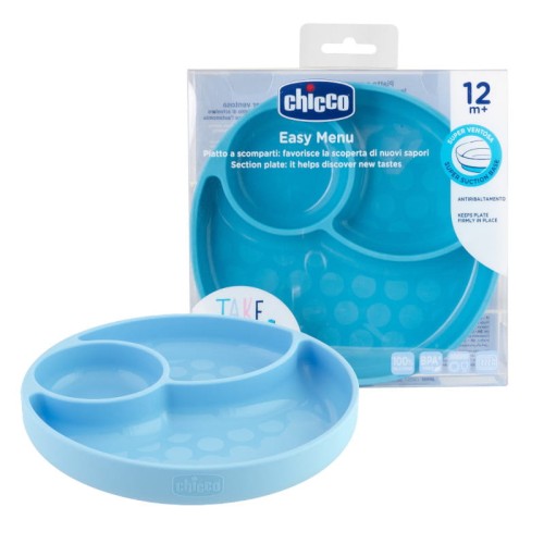 Chicco Farfurie Trei Compartimente Silicona Cu Ventuz Albastru Take Eat Easy 12m+