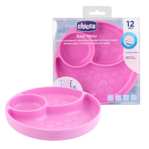 Chicco Farfurie Tri Compartimente Din Silicon Cu Vacuum Roz Take Eat Easy 12m+