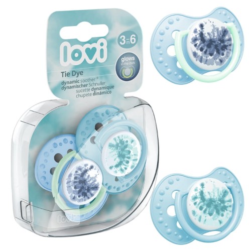 SUZETA DIN SILICON DYNAMICĂ LOVI, CALMANTĂ, TIE DYE ALBASTRU, 3-6 luni, 2 buc.