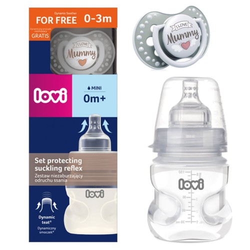 LOVI Set care nu perturbă reflexul supt Butelie Medical+ 150 ml + Suzetă Dinamică Mummy 0m+