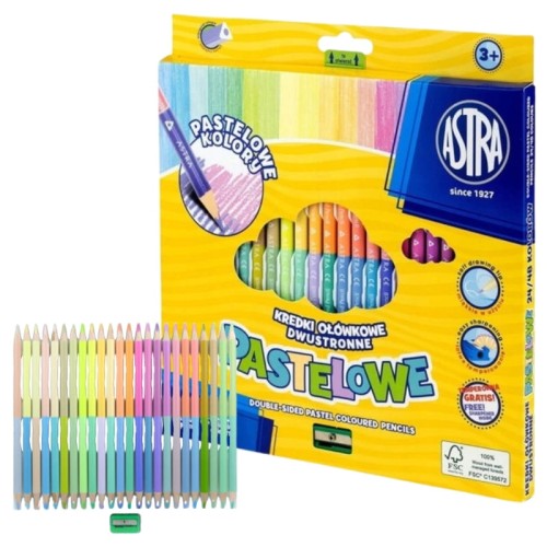 Creioane colorate triunghiulare cu două fețe pastelate pentru școală 24 buc. 48 culori + ascuțitoare