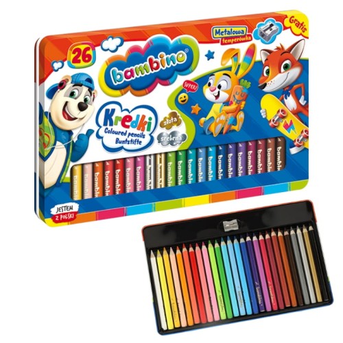 Bambino Creioane Colorate Școlare 26 Culori În Cutie Metalică + Ascuțitoare