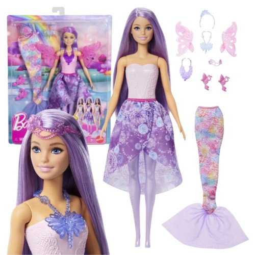 Barbie Păpușă 3în1 Zână Magică Sirenă Prințesă 10 Stilizări 3+