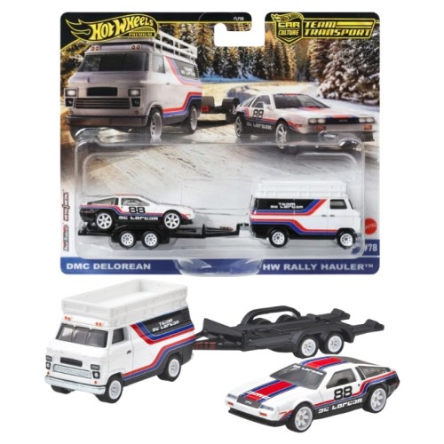 Hot Wheels Premium Car Culture Transport Set 2 Vehicule Mașinuțe DMC Delorean & HW Rally Hauler #78