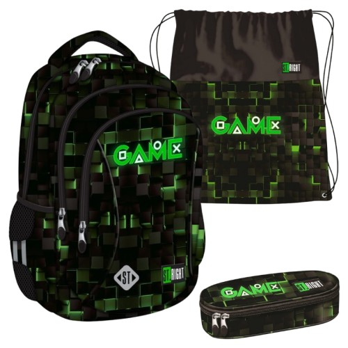 Set Școlar St. Right Rucsac Mare Spațios Trei Compartimente + Sac pentru Încălțăminte Sport + Penar Cusut Rigid Green Game