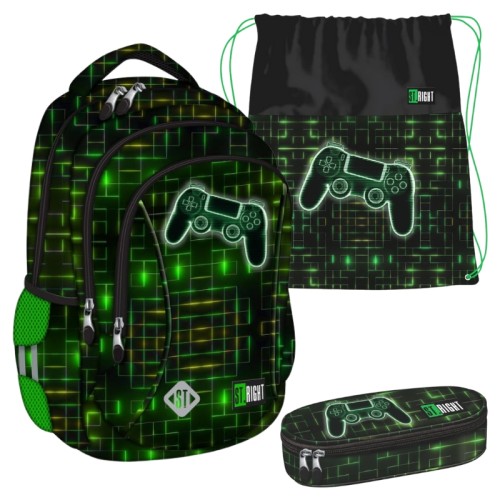 Set Școlar St. Right Rucsac Mare Spațios cu Trei Compartimente + Saciță pentru Încălțăminte Sport + Penar Compact Întărit Neon Pad