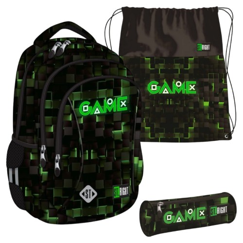 Set Școlar St. Right Rucsac Mare Spațios Cu Trei Compartimente + Sac Pentru Pantofi Sport + Penar Tub Green Game
