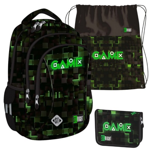Set Școlar St. Right Rucsac Mare Spațios cu Trei Compartimente + Săculeț pentru Încălțăminte Sport + Penar Dublu Fără Echipament Green Game