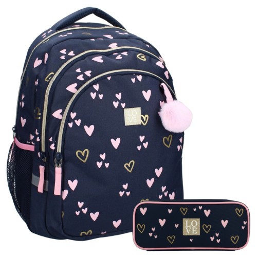 Set Vadobag Rucsac Școlar + Penar Dublu Compartiment Fără Echipament Milky Kiss Inimioare