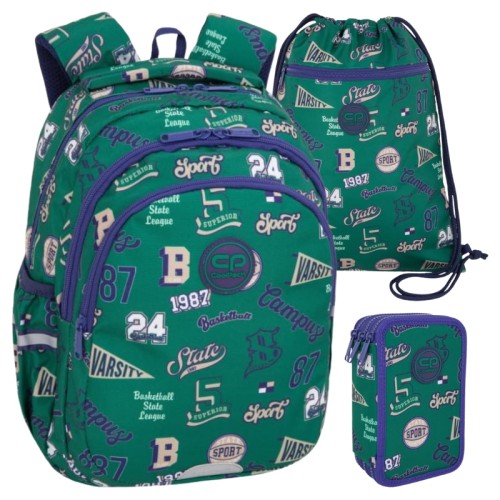 Coolpack Set Școlar Rucsac Trei Compartimente Jerry Penar Jumper 3 Triplu Trei Compartimente cu Echipament Sac Pentru Pantofi Vert American Retro