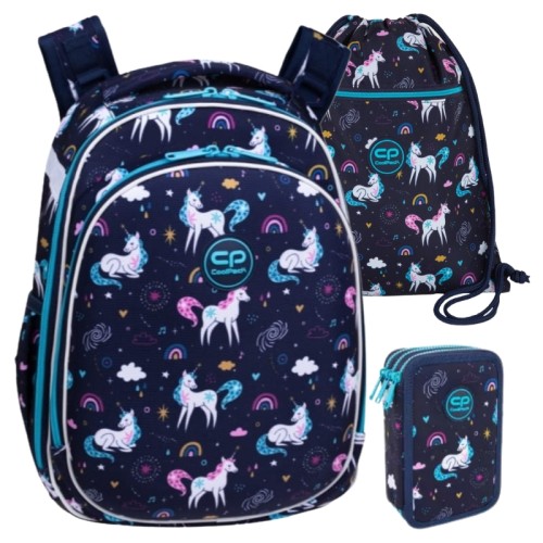 Coolpack Set Școlar Rucsac cu Două Compartimente Turtle Penar Jumper 3 Triplu cu Trei Compartimente Echipat Săculeț pentru Încălțăminte Vert Mrs Unicorn