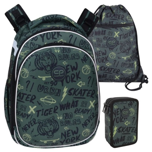 Coolpack Set Școlar Rucsac cu Două Compartimente Turtle Penar Jumper 3 Triplu cu Trei Compartimente și Accesorii Sac pentru Pantofi Vert Tiger