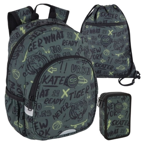 Coolpack Set Grădiniță Școlar Rucsac Toby Mic Penar Jumper 3 Triplu Trei Compartment Cu Accesorii Geantă pentru Încălțăminte Vert Tiger
