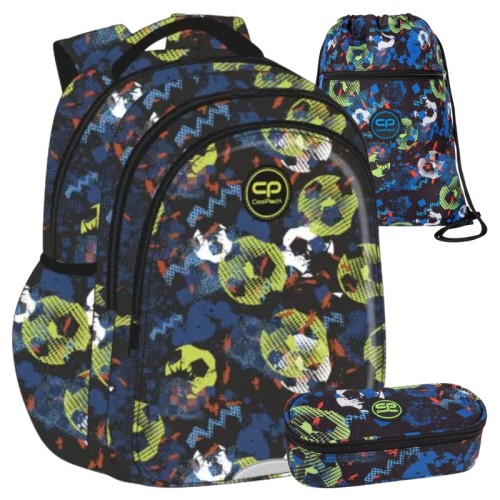 Coolpack Set Școlar Rucsac Trei Compartimente Jerry + Penar Unic Compartiment cu Clapetă Campus Borsetă + Sac pentru Încălțăminte Vert Football Blue