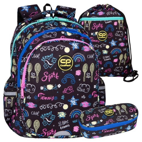 Coolpack Set Școlar Rucsac Trei Compartimente Jerry + Penar Unicameral cu Clapetă Campus Borsetă + Săculeț pentru Încălțăminte Vert Tennis Star