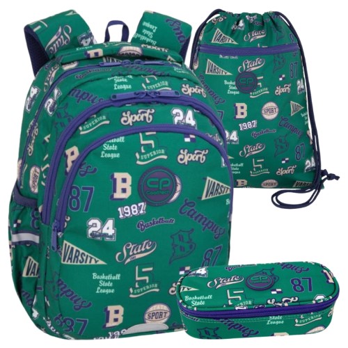 Coolpack Set Școlar Rucsac cu Trei Compartimente Jerry + Penar cu Un Singur Compartiment cu Clapetă Campus Borseta + Sac pentru Pantofi Vert American Retro
