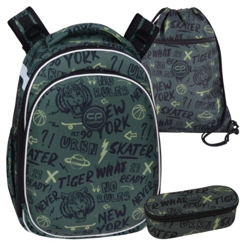 Coolpack Set Școlar Rucsac Dublu Compartiment Rigid Turtle + Penar Simplu cu Clapetă Campus + Geantă pentru Pantofi Vert Tiger