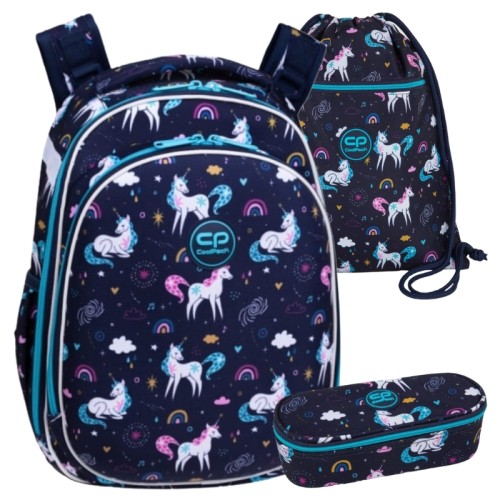 Coolpack Set Școlar Rucsac Dublu Compartiment Rigid Turtle + Penar Unicameral cu Clapetă Campus Borsetă + Sac pentru Pantofi Vert Mrs Unicorn