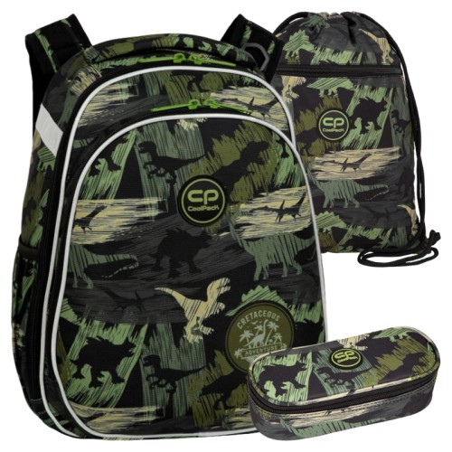 Coolpack Set Școlar Rucsac Bicameral Rigid Turtle + Penar Unicameral Cu Clapetă Campus Borsetă + Sac Pentru Încălțăminte Vert Adventure Park