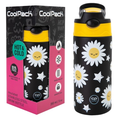 Coolpack Bono Termos Sticlă Termică Cu Pai Și Mâner Daisy Black 350 ml