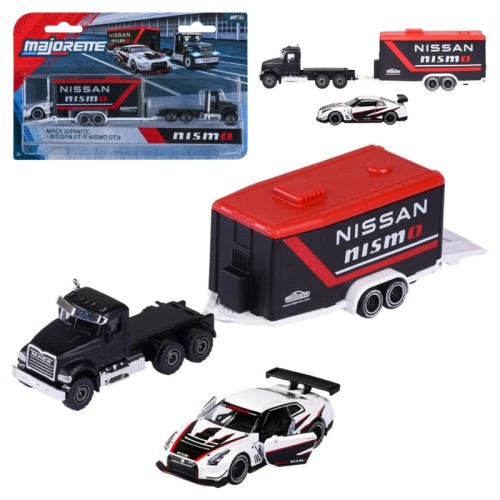 Majorette Racing Deluxe Set 2 Vehicule + Remorcă Autoturisme Mack Granite + Nissan GT-R Nismo GT3