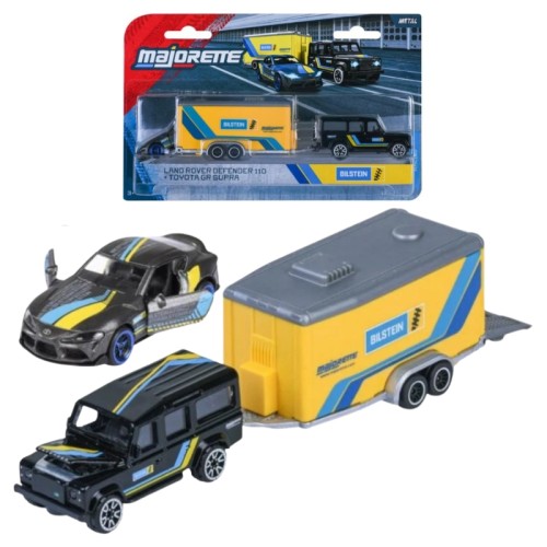 Majorette Racing Deluxe Set de 2 Vehicule + Remorcă Mașinuțe Land Rover Defender 110 + Toyota GR Supra