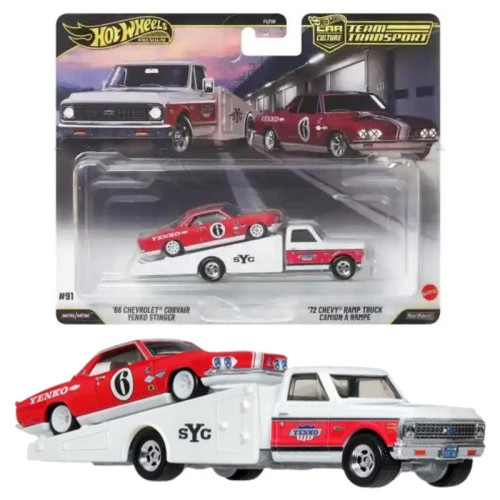 Hot Wheels Premium Team Transport Set Duo de Mașini '66 Chevrolet Corvair Yenko Stinger & '72 Chevy Ramp Truck Camion cu Rampă