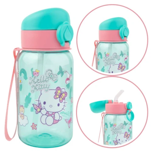 Hello Kitty Hugo Bidon pentru copii 500 ml Light Blue Sticlă cu pai pahar