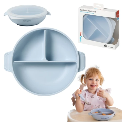Babyono Farfurie din Silicon pentru Copii cu Ventuză și Capac Albastru