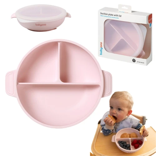 Babyono Farfurie din Silicon pentru Copii cu Ventuză și Capac Roz