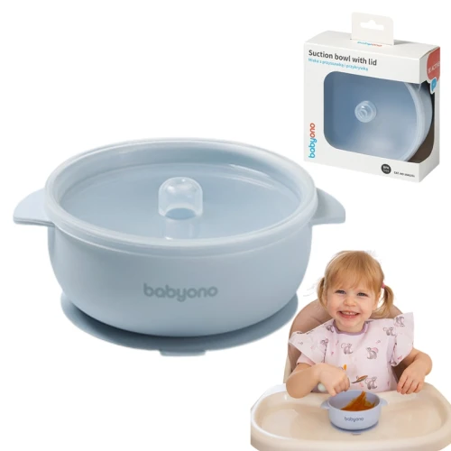 Babyono Bol din Silicon pentru Copii cu Ventuză și Capac Albastru