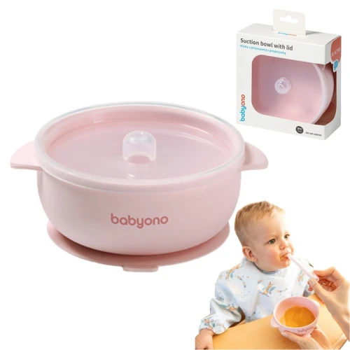 Babyono Bol din Silicon pentru Copii cu Ventuză și Capac Roz