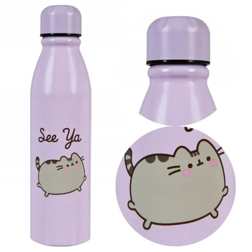 Sticlă Termică Mare din Aluminiu Izolată cu Capac Pusheen Mov 600ml