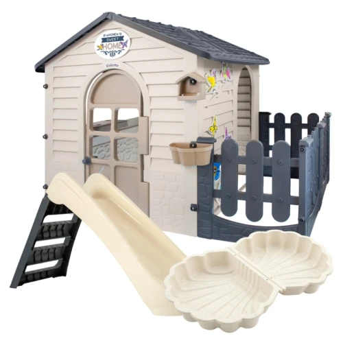Set de Grădină Căsuță cu Măsuță și Terasă Bej + Tobogan Pliabil + Nisipar din Plastic cu Capac Shell