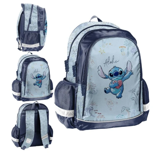Paso Rucsac Școlar pentru Adolescenți Pentru Școală cu Trei Compartimente Mare Spațios Reflectorizant A4 Stitch Aloha Albastru