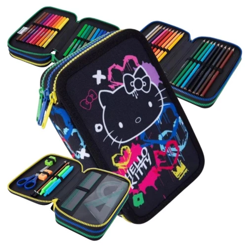 Penar Școlar Hello Kitty Negru Neon Coolpack cu Echipare Completă Trei Compartimente Pliabil Pentru Școală