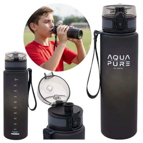 Astra Aqua Pure Bidon Pentru Apă Sticlă Pentru Băut Apă Mare Școlară Antrenament Fără BPA 600ml Negru