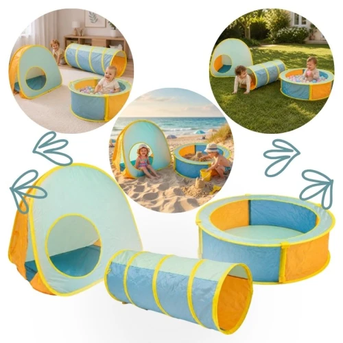 Activo Set 3în1 Jucării Cu Tunel Autoasamblabil Pentru Copii Pentru Cățărare + Piscină Uscată Pentru Biluțe + Căsuță Cort Pentru Cei Mai Mici Pop Up