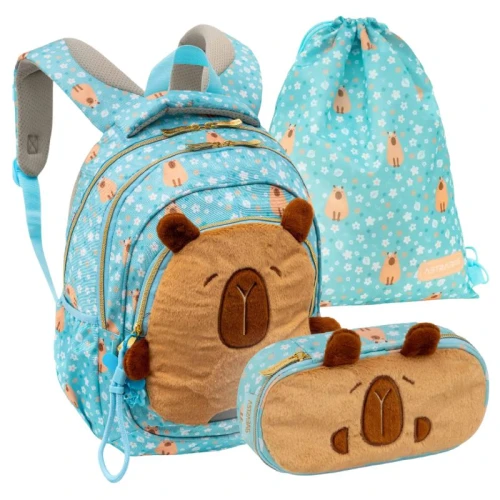 Set Școlar 3în1 Astra Rucsac Trei Compartimente Spațios + Penar Sac Fără Dotări + Săculeț Pentru Încălțăminte Sportiv Fluffy Capy
