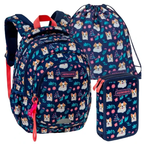 Set Școlar 3în1 Astra Rucsac Trei Compartimente Spațios + Penar Dublu cu Accesorii + Sac pentru Încălțăminte Sport Dear Puppy