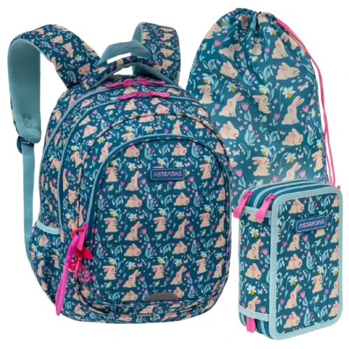 Set Școlar 3în1 Astra Rucsac Trei Compartimente Spațios + Penar Trei Compartimente cu Accesorii + Sacoșă pentru Încălțăminte Sport Candy Bunny