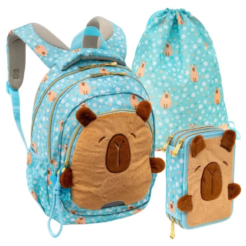 Set Școlar 3în1 Astra Rucsac cu Trei Compartimente Spațios + Penar cu Trei Compartimente Echipat + Sac pentru Încălțăminte Sport Fluffy Capy