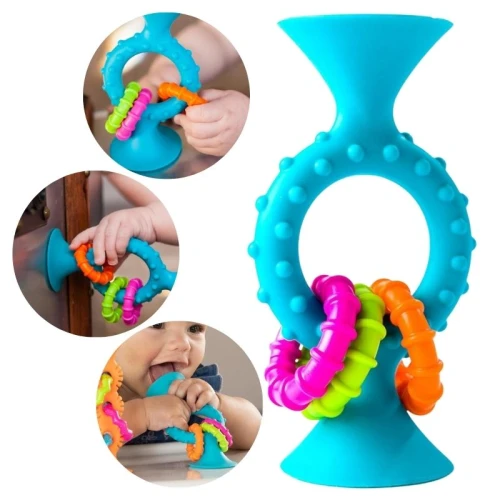 Jucărie senzorială Fat Brain Toyco pip Squigz Loops zornăitoare pentru sugari și inel dentar pentru copii cu ventuză