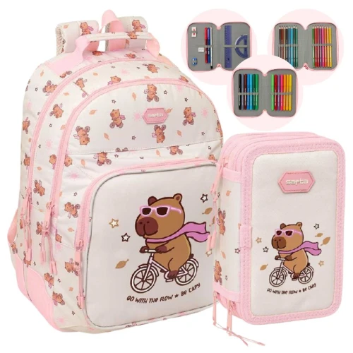 Set Școlar Safta Kapibara 2în1 Rucsac Spațios Pentru Copii + Penar cu Echipament Trei Compartimente