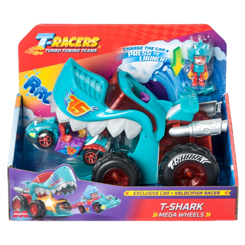 T-Racers Mașina T-Shark Mega Wheels Lansator Cu Mașinuță Și Figurine Șofer
