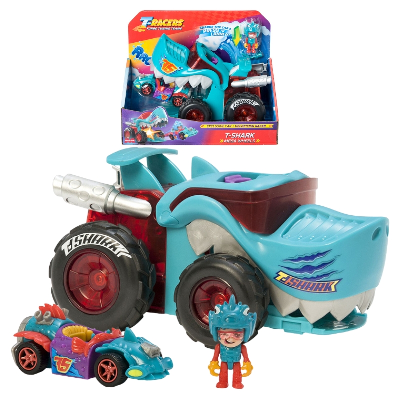 T-Racers Mașina T-Shark Mega Wheels Lansator Cu Mașinuță Și Figurine Șofer