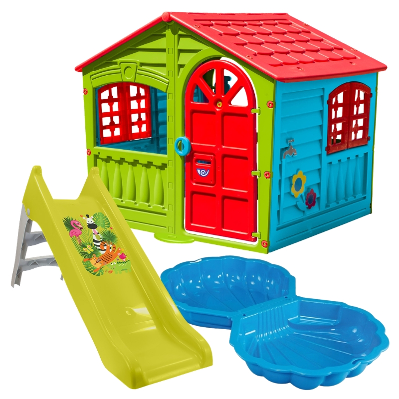 Set Casă Mare de Grădină pentru Copii + Tobogan Acvatic de Grădină 140cm + Cutie de Nisip din Plastic cu Capac Scoică Albastră
