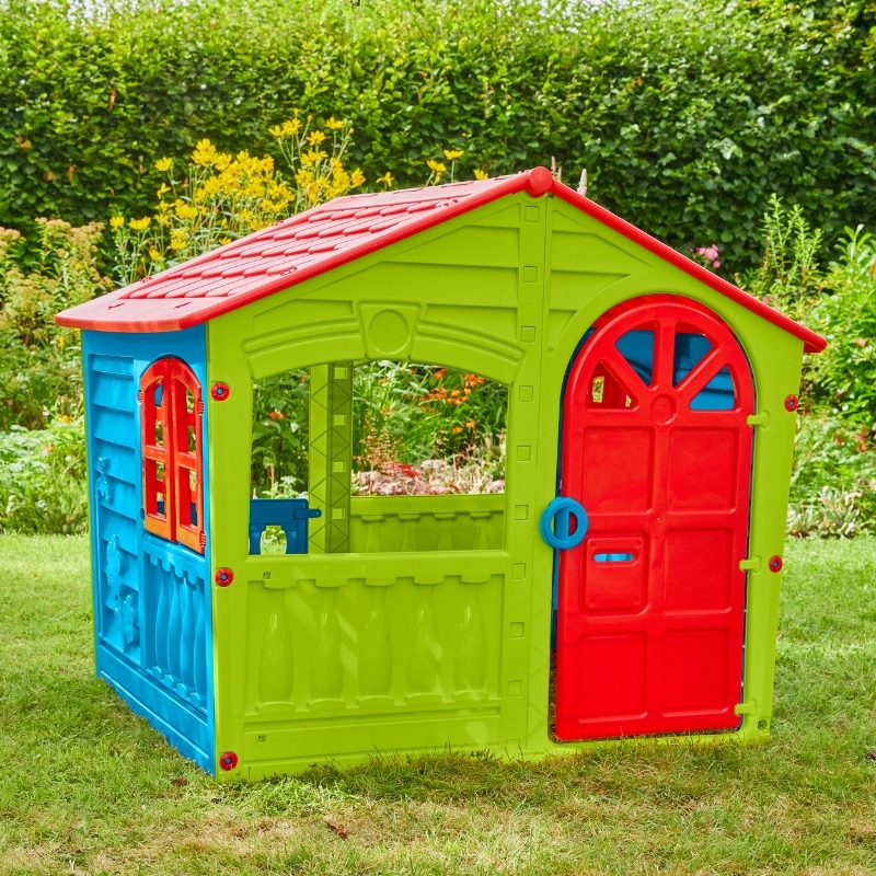 Set Casă Mare de Grădină pentru Copii + Tobogan Acvatic de Grădină 140cm + Cutie de Nisip din Plastic cu Capac Scoică Albastră