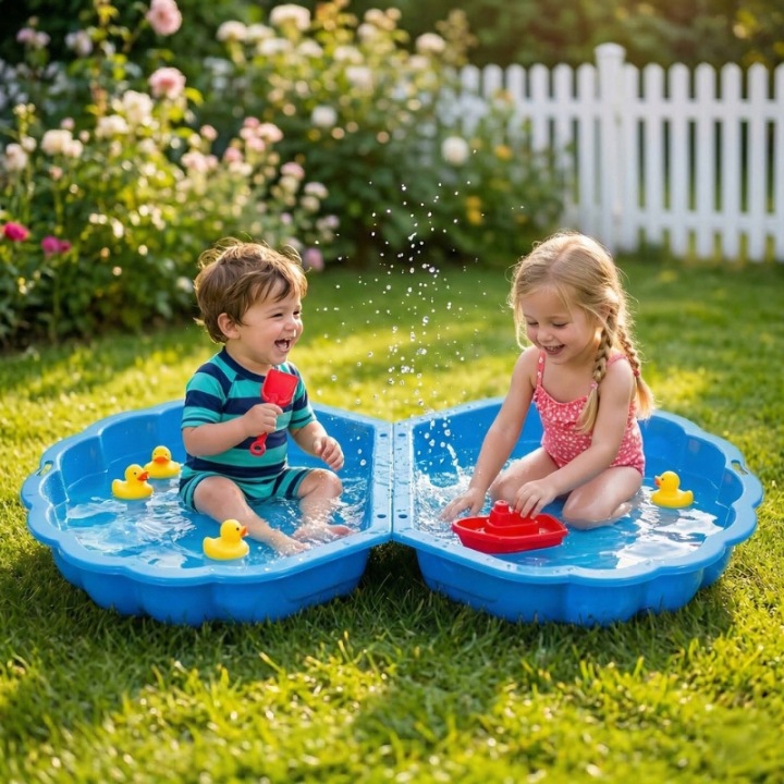 Set Casă Mare de Grădină pentru Copii + Tobogan Acvatic de Grădină 140cm + Cutie de Nisip din Plastic cu Capac Scoică Albastră