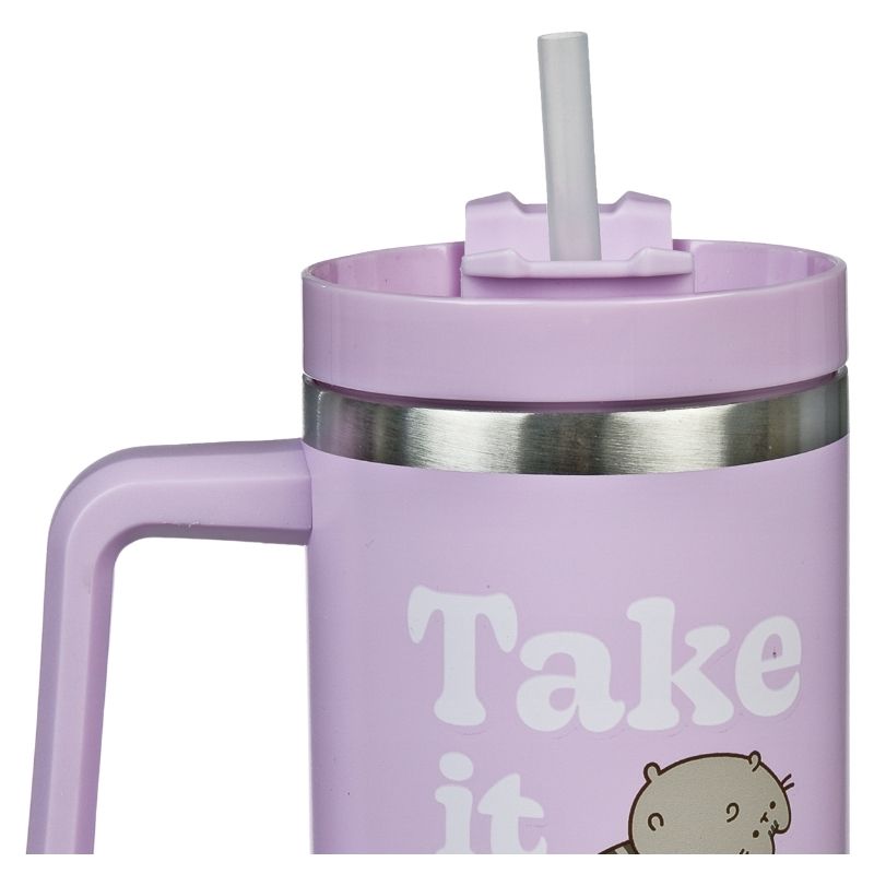 Duży Kubek Termiczny Stalowy Izolowany Ze Słomką Liliowy Pusheen Z Zakrętką 880ML